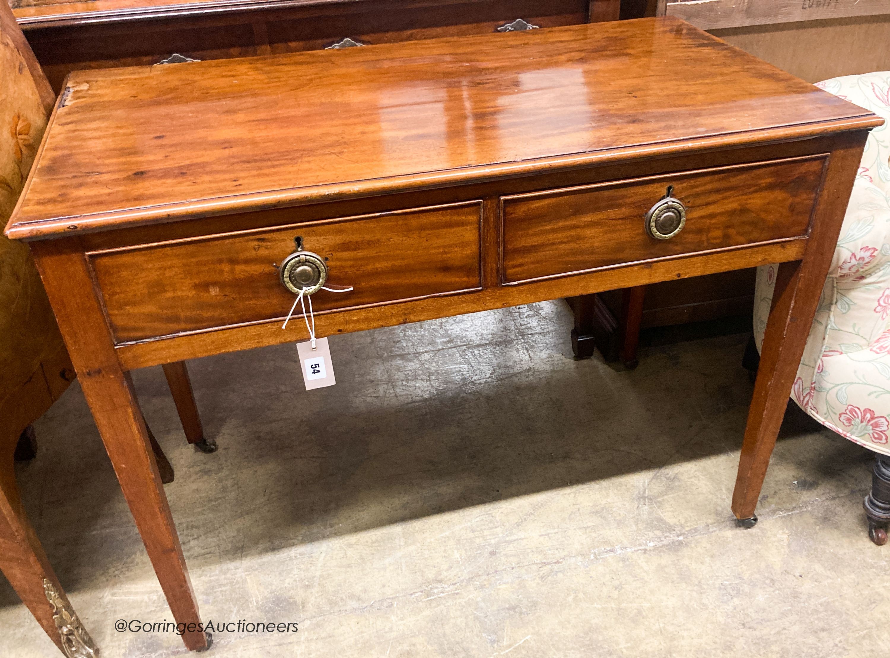 A George III mahogany two drawer side table, W.96cm D.53cm H.71cm